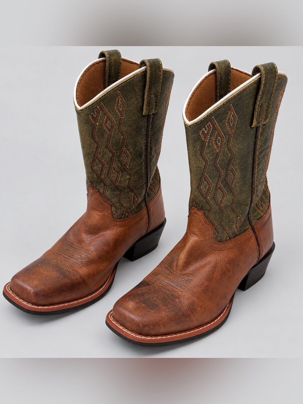 Dan Post Youth Brown & Olive Green Embroidered Square Toe Cowboy Boots Youth 5D - Picture 8 of 9